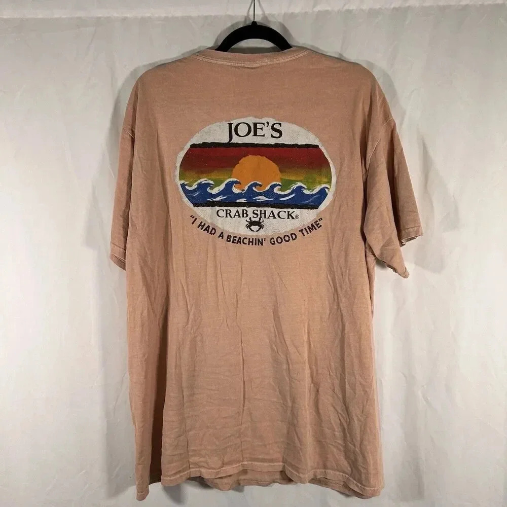 Joe's Crab Shack Shirt XL Tan Short Sleeve Crew Neck Branson MO 100% Cotton